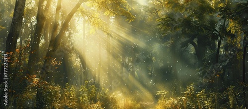 Sunlight shining through the green trees, filtering through the leaves. The rays of the sun are filled with forest aura. © DnQajik