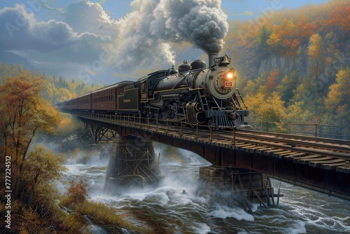Iconic Steam Engine Chugging Across Vast River