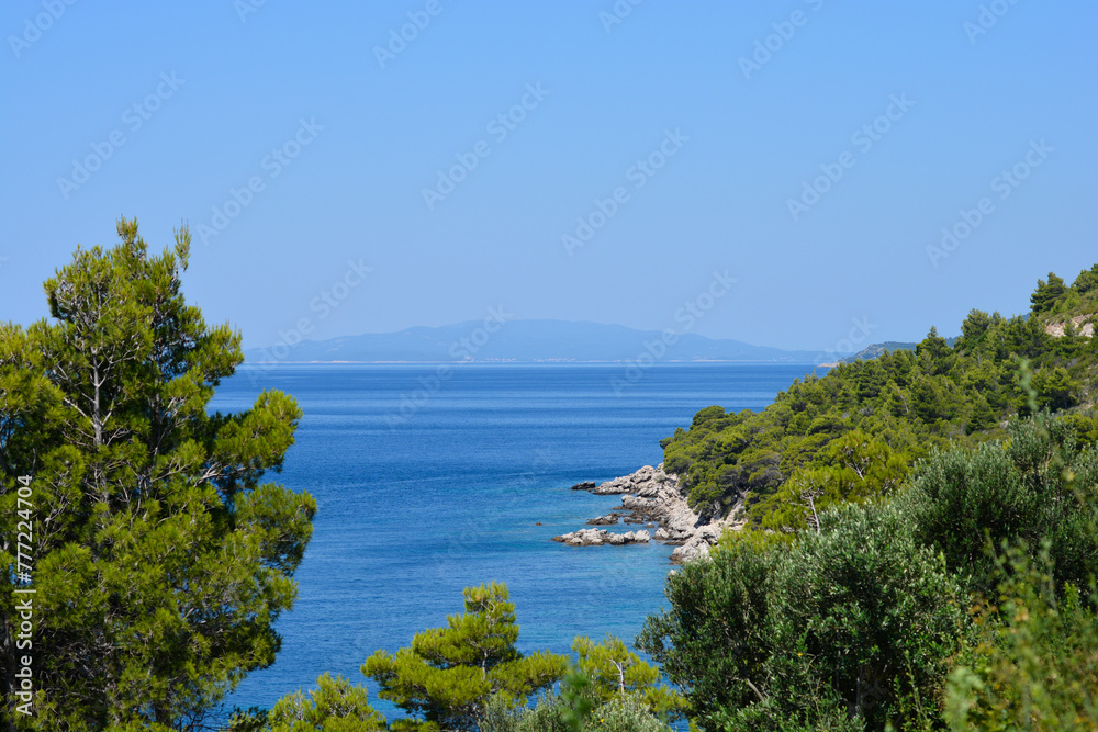 View of Korcula island from Peljesac over pine trees 