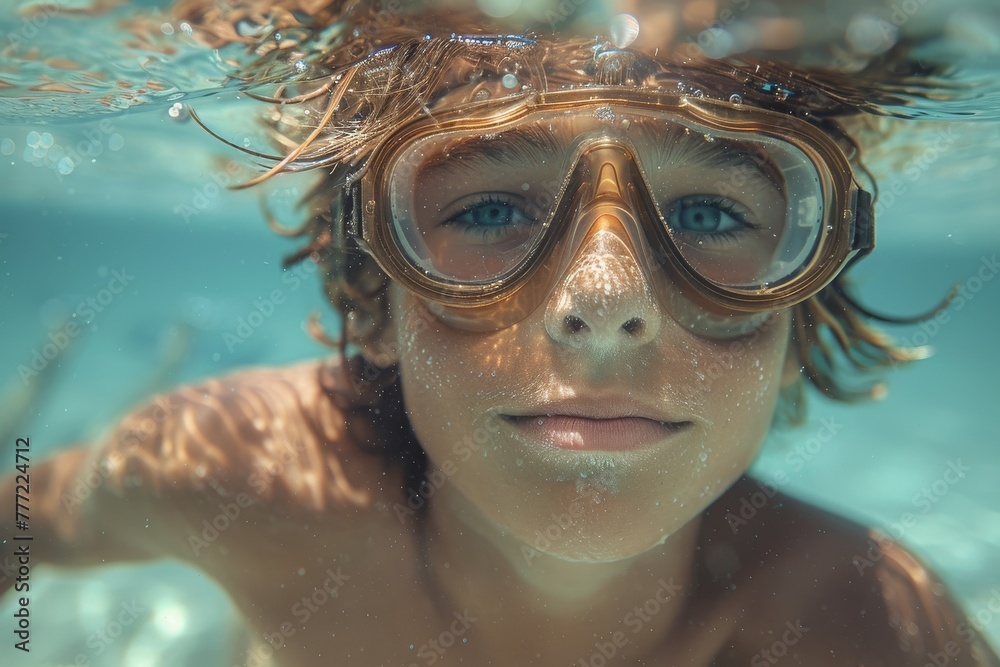 Young child with goggles underwater, looking curious and playful