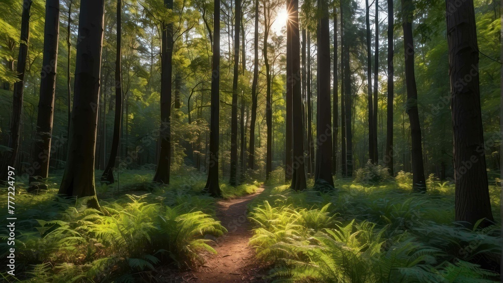 Obraz premium Sunlit forest path with lush greenery