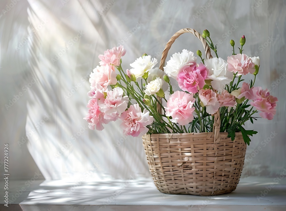 A basket made of bamboo, with pink and white carnations inside the bag, is placed on gray concrete tabletops against light background
