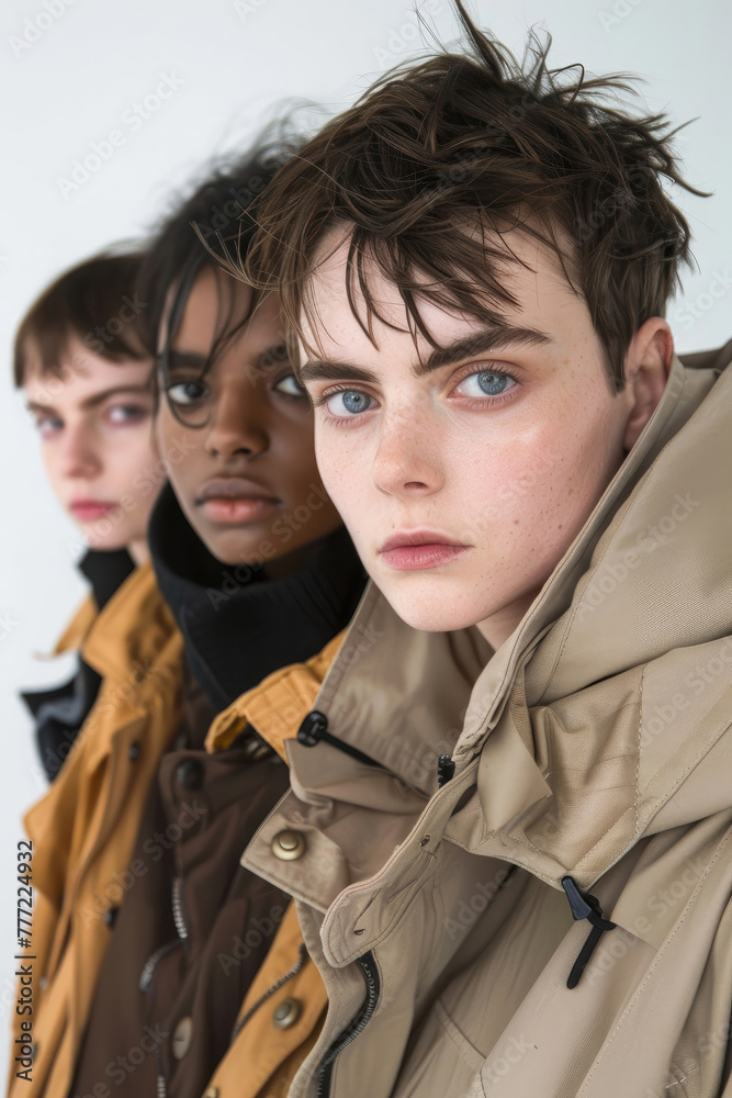 Three youths in layered clothing with an intense and direct gaze. Three youths in layered clothing with an intense and direct gaze.