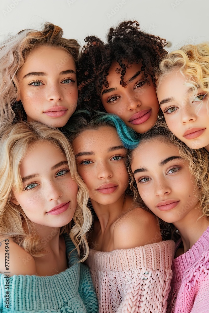 Six diverse girls with various hairstyles posing closely together.