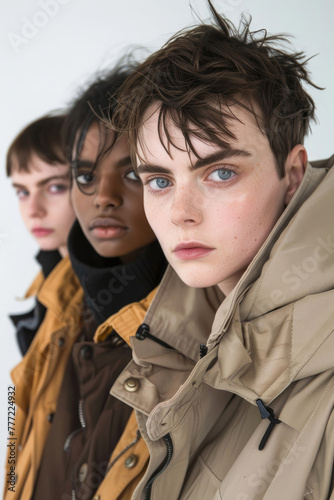 Three youths in layered clothing with an intense and direct gaze.