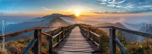 A wooden path, which is located in the bosom of nature reminiscent of eternity, and the sun is shining from the front. photo