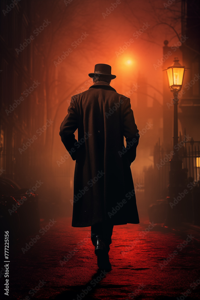 Noir Solitude: Amidst the hazy glow of streetlights, a lone silhouette adorned in a black coat and top hat traverses the deserted city alley, evoking a sense of solitude and intrigue reminiscent of cl