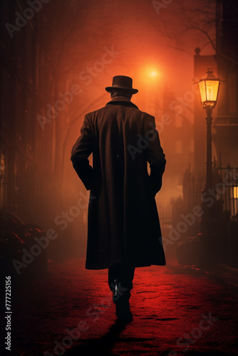 Noir Solitude  Amidst the hazy glow of streetlights  a lone silhouette adorned in a black coat and top hat traverses the deserted city alley  evoking a sense of solitude and intrigue reminiscent of cl