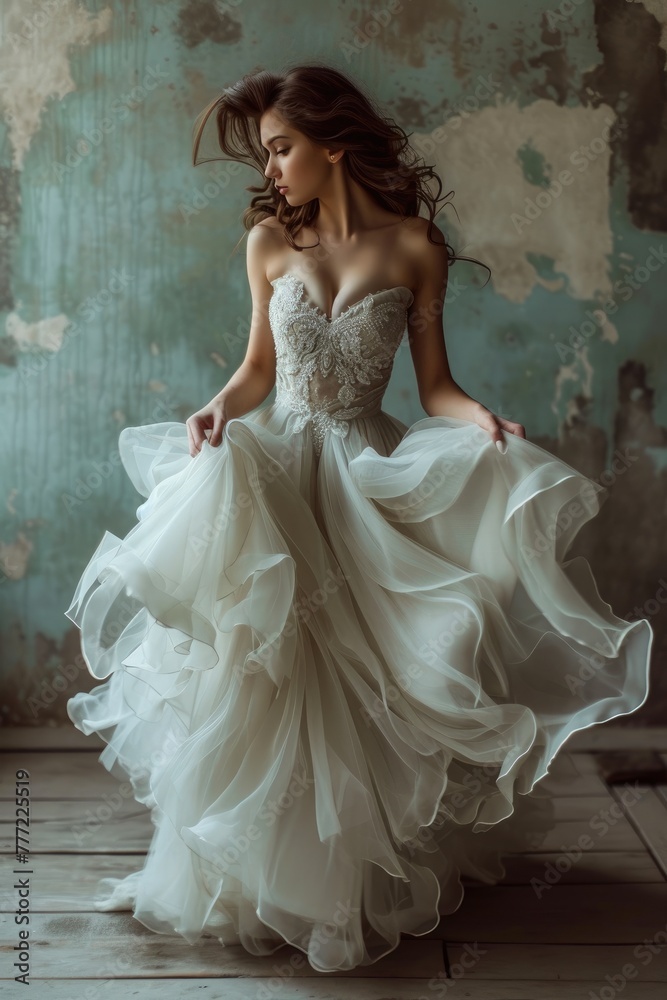Graceful Woman in Couture Gown Strolling Confidently Graceful Woman in Couture Gown Strolling Confidently