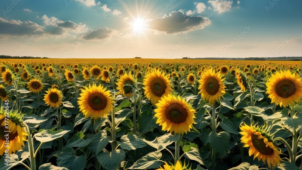 Obraz premium Sunflower field with clear blue sky and sunlight