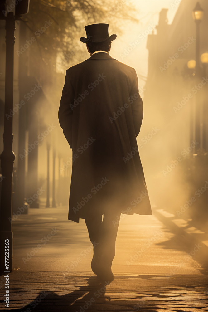 Enigmatic Wanderer Amidst the urban shadows, a mysterious man clad in