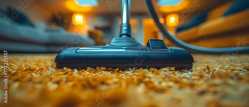 Vacuum cleaner closeup cleaning indoor carpeted floor. Concept Indoor Cleaning, Vacuum Cleaner, Carpeted Floor, Household Chores, Home Maintenance photo