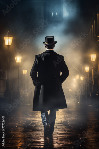 Veiled Presence  In the backdrop of an urban labyrinth  a mysterious gentleman clad in a black coat and top hat navigates the alley s obscurity  embodying the enigmatic allure of a bygone era s detect