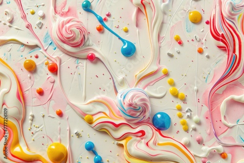 Lush abstract confectionery motifs, inspired by whimsical candies and sugary treats, adorn a backdrop of pure white, invoking the joy and delight of culinary sweetness. photo