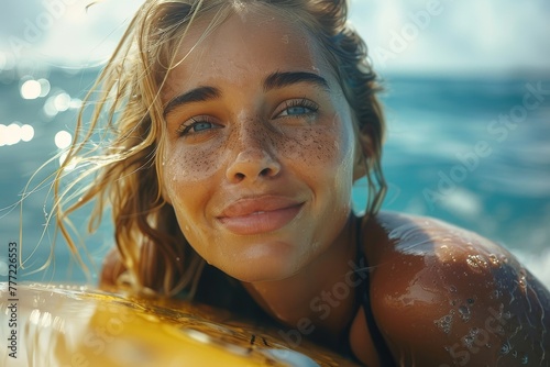 Sun-kissed girl smiling broadly with water droplets on her face, against a blurred ocean backdrop © Larisa AI
