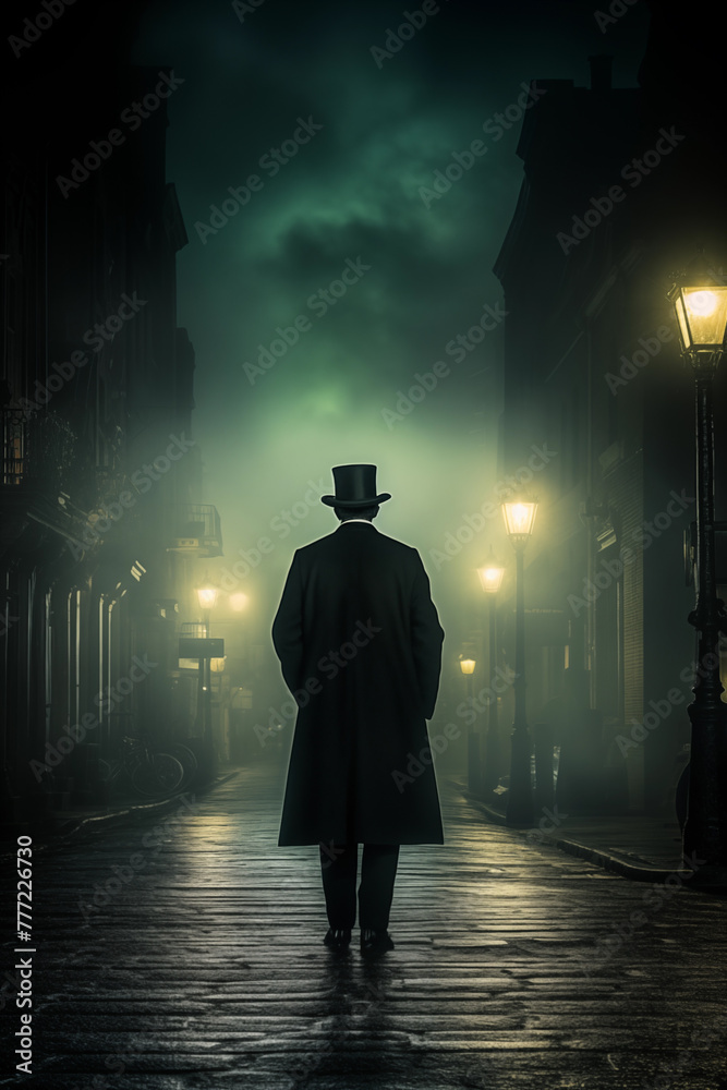 Silhouette of a Mysterious man wearing a black coat and top hat walking down city alley street alone. Private detective style. Cinematic noir historical 19th or 18th century man. Street lights. Foggy Silhouette of a Mysterious man wearing a black coat and top hat walking down city alley street alone. Private detective style. Cinematic noir historical 19th or 18th century man. Street lights. Foggy