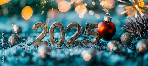 Fototapeta 2025 new year greeting card with 3d golden numbers on dark background, fireworks, and bokeh