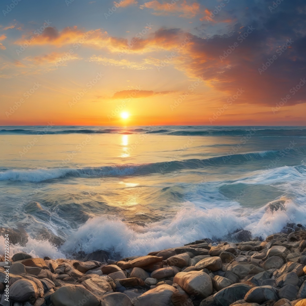 Amazing beach sunset with endless horizon and lonely figures in the distance, and incredible foamy waves. Volcanic hills in the background.
