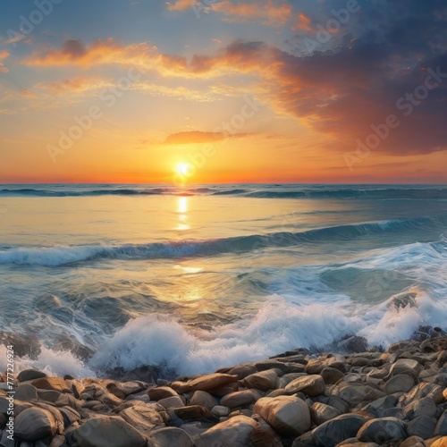 Amazing beach sunset with endless horizon and lonely figures in the distance  and incredible foamy waves. Volcanic hills in the background. 