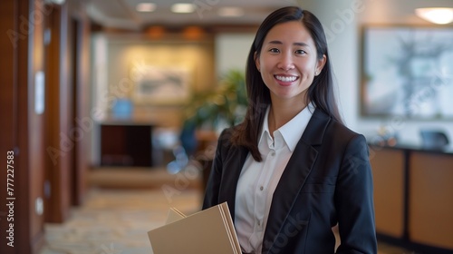 Capture a professional yet approachable image of an attractive Asian businesswoman, smiling and confidently holding a folder in her well-appointed office. 