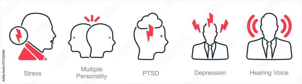A set of 5 Mental Health icons as stress, multiple personality, ptsd