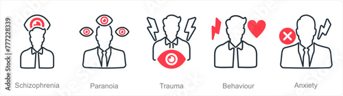 A set of 5 Mental Health icons as schizophernia, paranoia, trauma