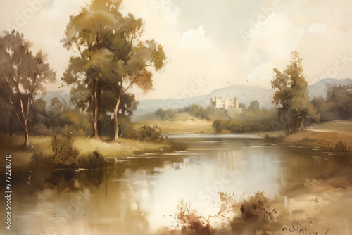 Vintage Castle Oil Painting - Beautiful Landscape and natural Colors