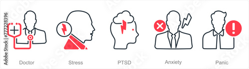 A set of 5 Mental Health icons as doctor, stress, ptsd