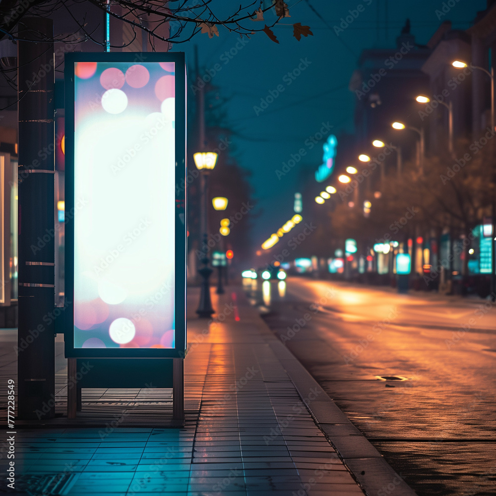 Illuminated Sneaker Ad on City Street Billboard at Night for Urban Marketing Mockups