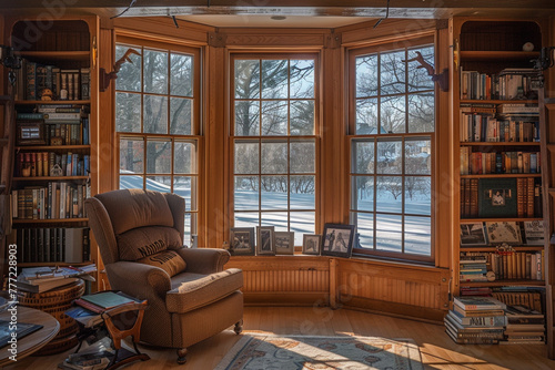 Reading nook bathed in sunlight within a cozy bay window alcove. photo