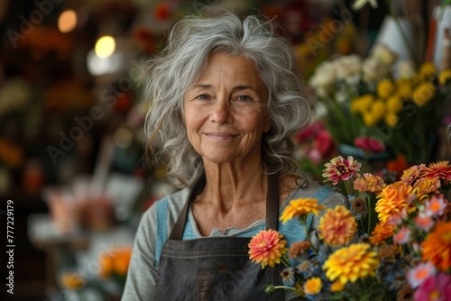 Smiling elderly woman in apron surrounded by colorful flowers in a flower shop © Larisa AI