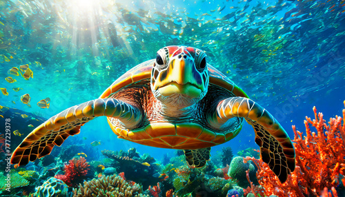Close-up and front view of a beautiful sea turtle swimming gracefully underwater in a vibrant coral reef. Generative Ai.