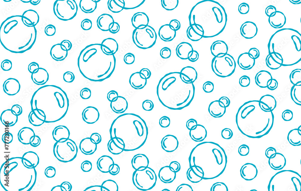 Bubbles vector seamless pattern with flat line icons.  Soap with foam and bubbles. Vector icon or symbol.  Bubbles hand drawn illustration. Line water drops in sketch style.