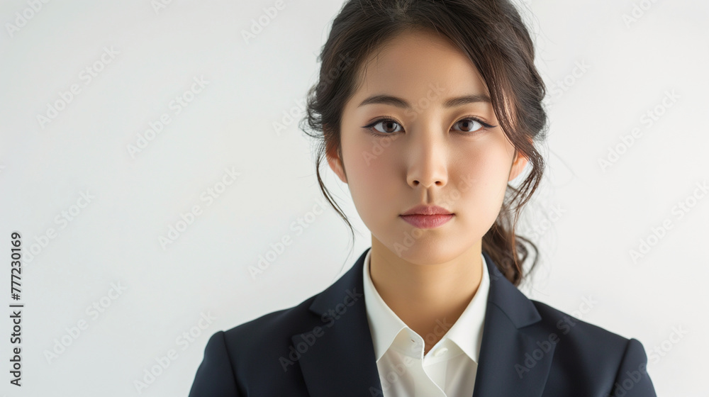 スーツを着て真剣な表情で見つめる日本人の若い女性のポートレート スーツを着て真剣な表情で見つめる日本人の若い女性のポートレート