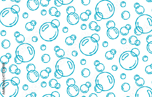 Bubbles vector seamless pattern with flat line icons. Soap with foam and bubbles. Vector icon or symbol. Bubbles hand drawn illustration. Line water drops in sketch style.