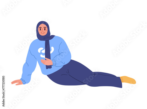 Female character sitting leaning on her arm. Vector flat illustration.