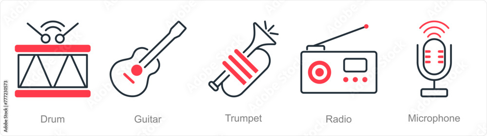 A set of 5 Music icons as drum, guitar, trumpet A set of 5 Music icons as drum, guitar, trumpet