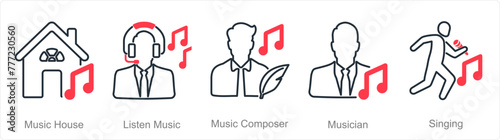 A set of 5 Music icons as music house, listen music, music composer
