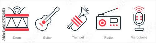 A set of 5 Music icons as drum, guitar, trumpet