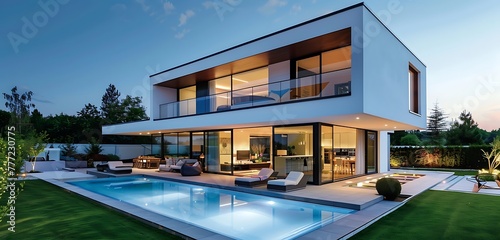 Modern house with swimming pool, night view, garden and terrace