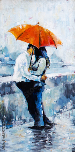 oil painting of a couple in love under an umbrella in the rain, Romantic mood. Rainy autumn weather. 