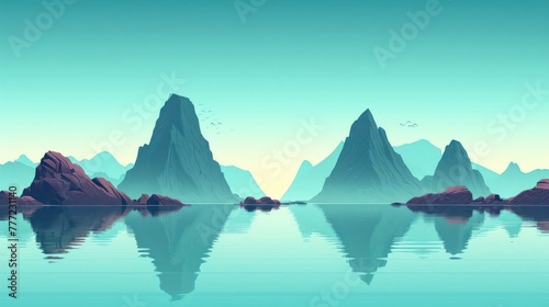 calm lake reflecting towering mountains and a clear blue sky  capturing the peaceful and rejuvenating qualities of nature