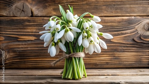 Snowdrops Bouquet on Wooden Background: Delicate Winter Blooms against Rustic Texture