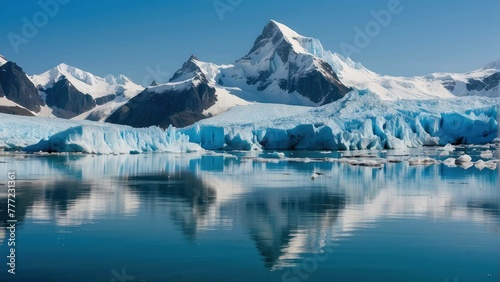 Glacier front against mountain backdrop