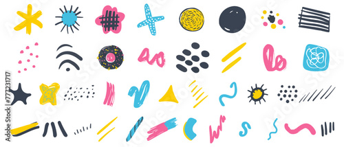 naive playful doodle style multicolor abstract hand drawn design elements set vector illustration isolated on white background