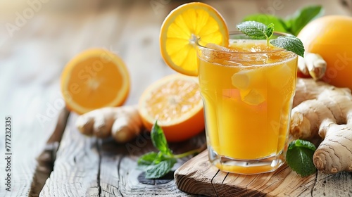 Close shot of orange and ginger detox drink kept on a white surface with space for text or product advertisement, Generative AI. photo