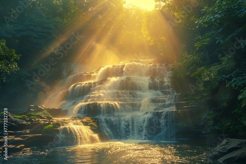 Majestic Waterfall Illuminated by Sunbeams Through Verdant Forest Canopy  Peaceful Nature Landscape