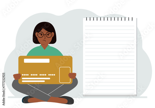 A woman sits cross-legged in his hands holding a large credit card next to a close-up notepad for text. Concept of credit card, expense planning, income planning. Vector flat illustration