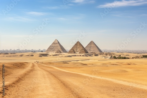 Panoramic view of the pyramids from a distant hill.