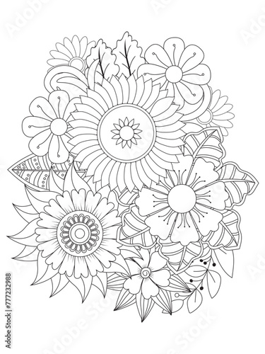 Flowers Leaves Coloring page Adult.Contour drawing of a mandala on a white background. Vector illustration Floral Mandala Coloring Pages, Flower Mandala Coloring Page, Coloring Page For Adul